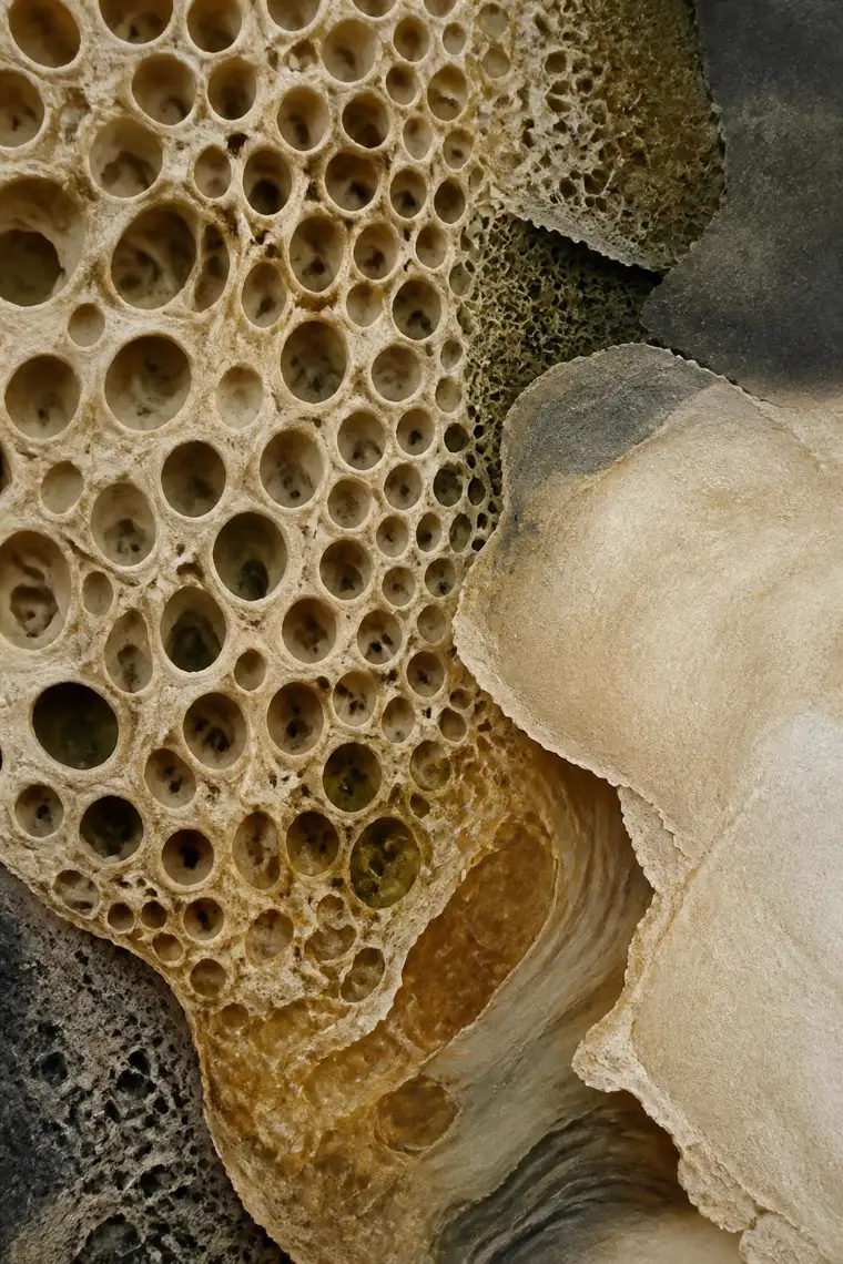 Macro texture of natural stone and cellular structures in sand, moss and amber tones, used as a book cover concept