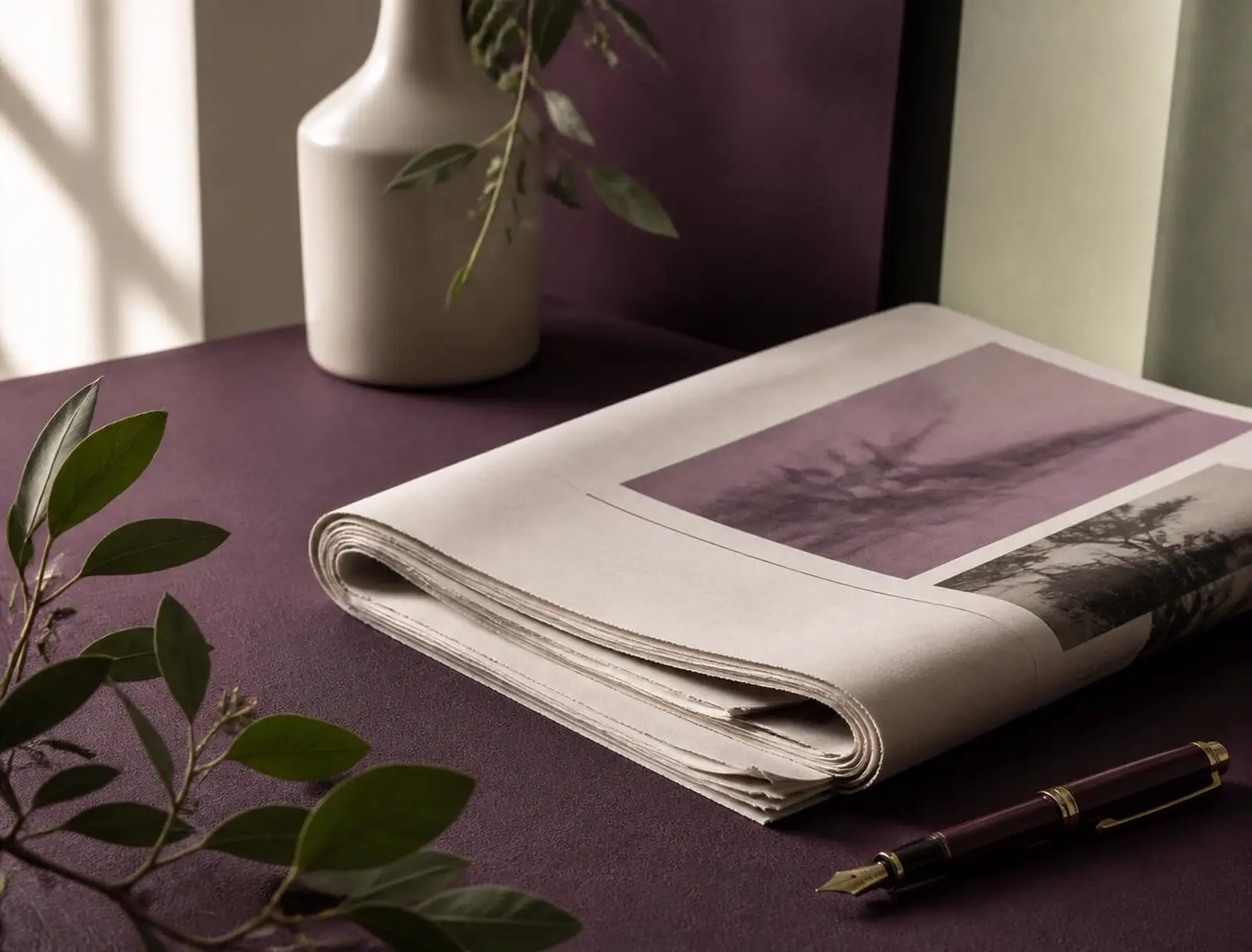 A folded broadsheet and fountain pen on a desk