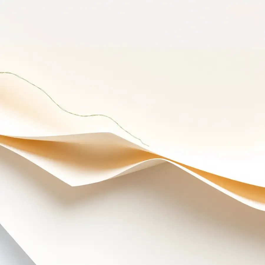 Folded cream paper with a single sage thread running through it