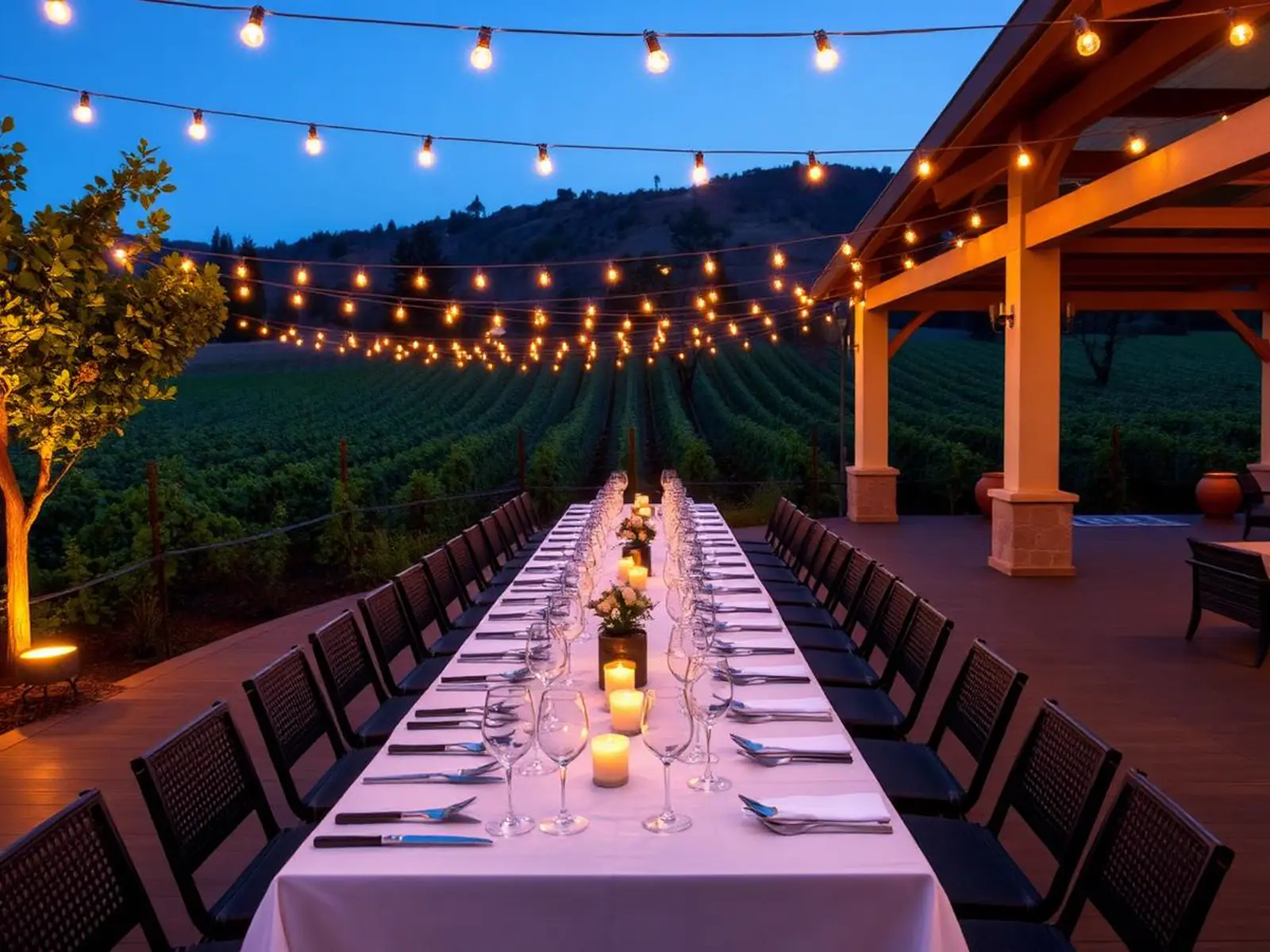 Long candlelit dinner table on a winery terrace at dusk