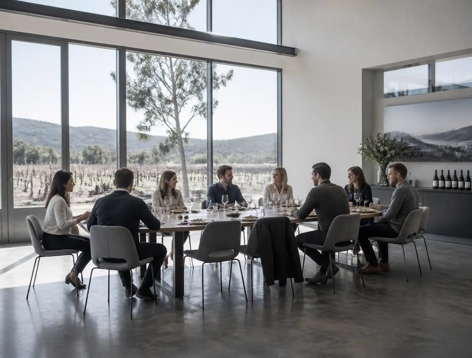 Professionals in smart-casual clothing at a daylit working lunch in a modern winery dining room